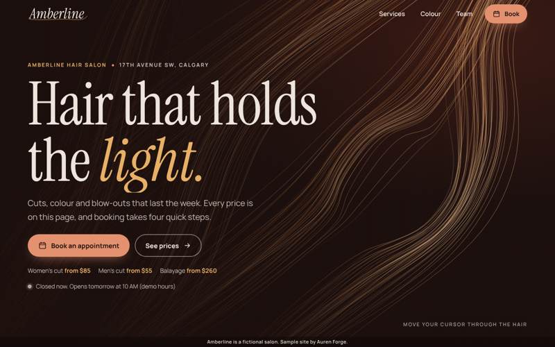Amberline sample site, home screen