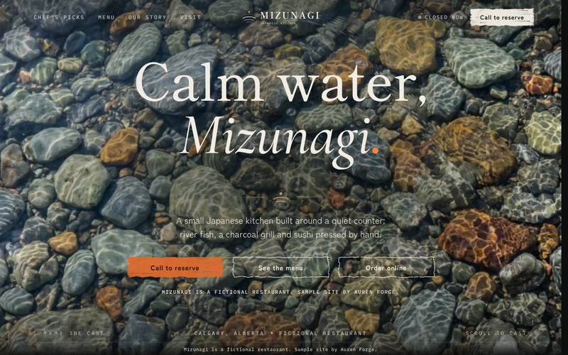 Mizunagi Japanese Kitchen sample site, home screen