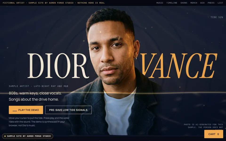 Dior Vance sample artist site, home screen