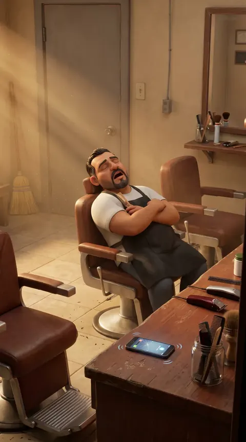 Illustration: a barber asleep in his empty chair while his phone rings on the counter