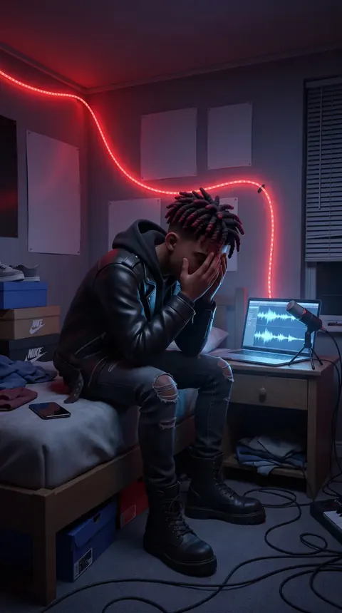 Illustration: a young artist with his head in his hands in a bedroom studio