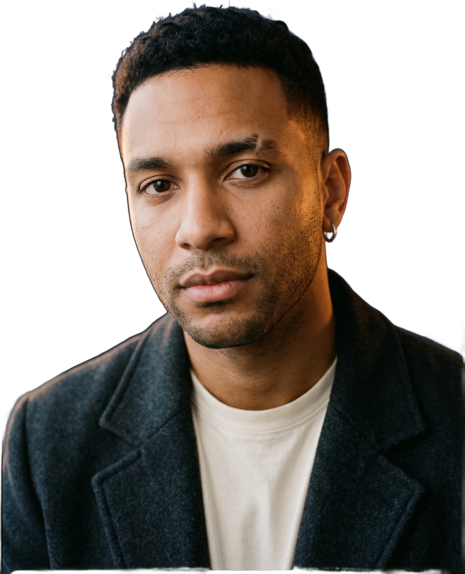 Dior Vance, a fictional singer, in a charcoal coat and cream tee, looking into the camera
