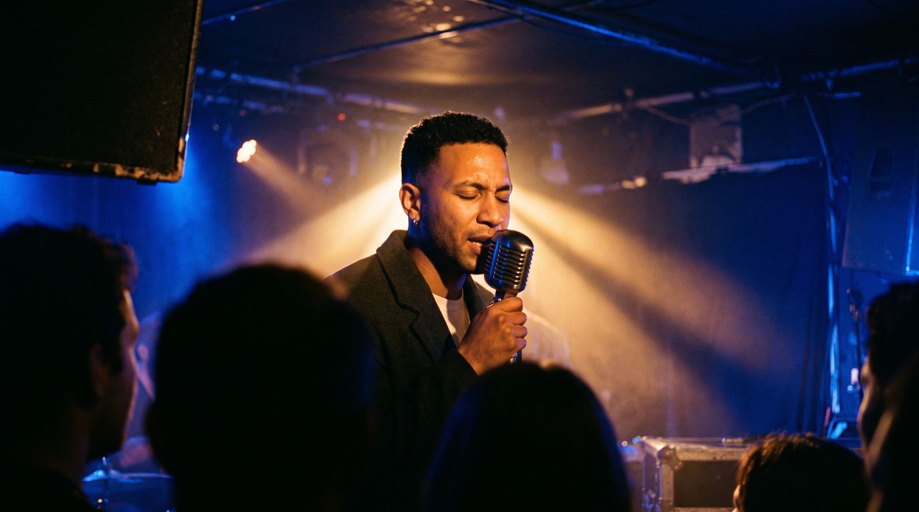 Dior singing on a small club stage under an amber beam with a blue wash and crowd silhouettes