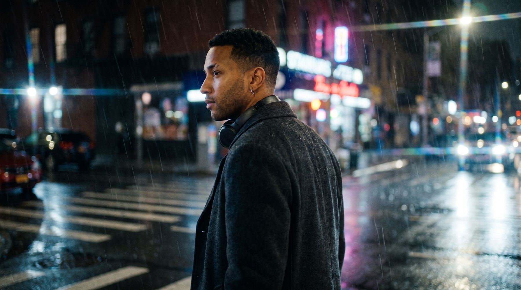 Dior walking away from camera on a rainy night street toward a glowing crosswalk
